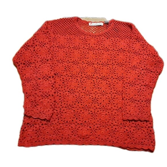 Chaus Sweaters - VTG Chaus Woman Crochet Sweater M L Red Open Knit Dolman Sleeves Cottagecore